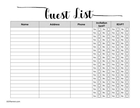 Printable Blank Guest List