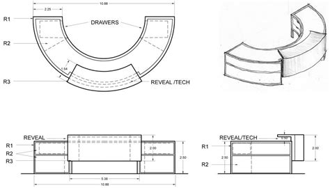 the technical drawing shows how to draw an oval shaped bench with two sections, one section and