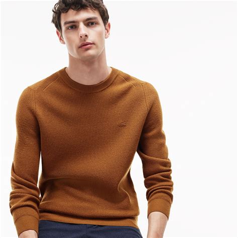 Lacoste Men's Crew Neck Ribbed Wool Sweater - Renaissance Brown | ModeSens