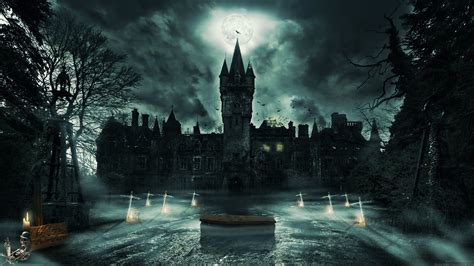 Gothic Night: A Haunting HD Wallpaper with Castle and Moonlit Grave by Bálint Budai