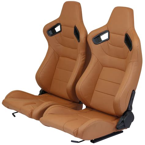 PAIR OF BROWN/TAN PVC LEATHER FULLY RECLINING BUCKET CAR SEATS SET SPORTS RACING | eBay