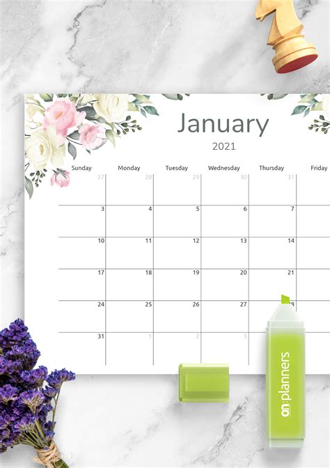 Download Printable Floral Monthly Calendar PDF