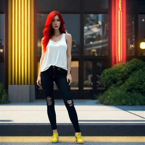 megan rain with red hair wearing yellow jeans and a...