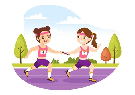 Relay Race Illustration Kids by Passing the Baton to Teammates Until Reaching the Finish Line in ...