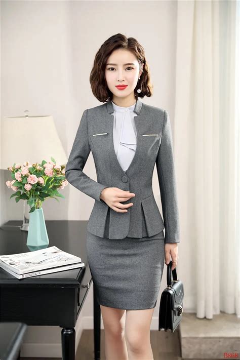 Novelty Gray Formal Women Business Suits With Skirt and Tops 2019 Spring Autumn Professional ...