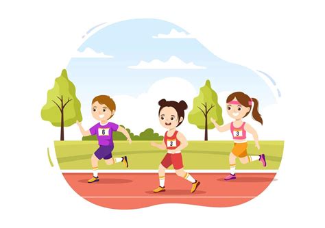 ilustración de carrera de maratón con niños corriendo, trotando en un torneo deportivo y ...