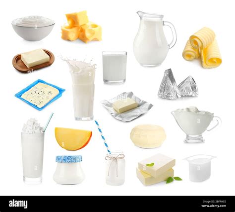 Different types of dairy products on white background. Dairy food collage Stock Photo - Alamy