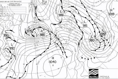 Surface pressure analysis map (mb) for a) January 5 at 12:00 UTC b) | Download Scientific Diagram