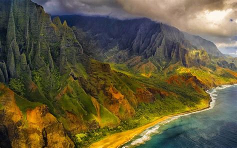 2500x2143 / mountain kauai beach cliff sea sand shrubs aerial view ...