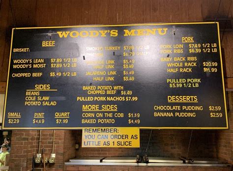 Menu at Woody’s Smokehouse BBQ, Joplin