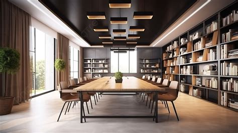 Contemporary Conference Room With Acrylic Wood Table And Sleek Bookcase Realistic Interior ...