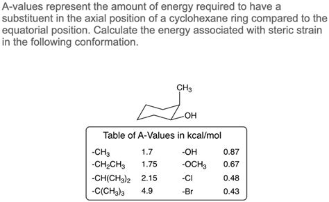 SOLVED: A-values represent the amount of energy required to have a substituent in the axial ...