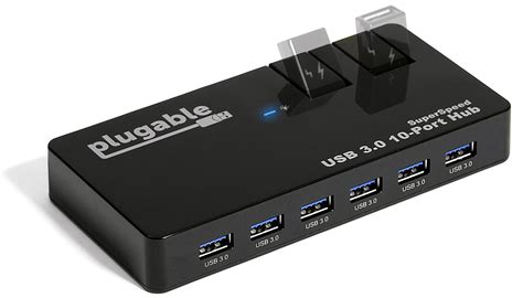 Plugable Driverless USB Hub, 10 Port - USB 3.0 5Gbps with 48W Power Adapter and Two Flip-Up ...