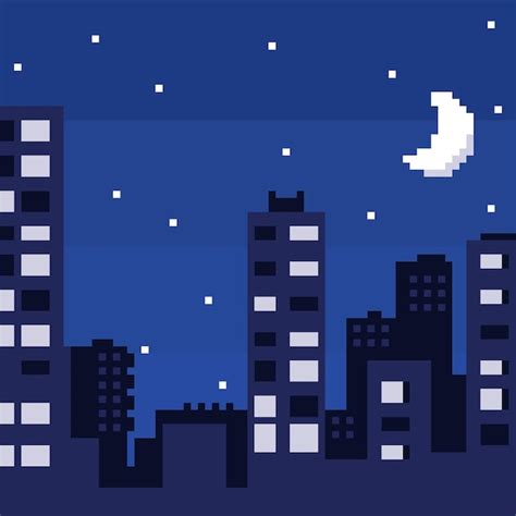 Pixel art città notturna con paesaggio cielo nuvole silhouette città stelle e luna vettore ...