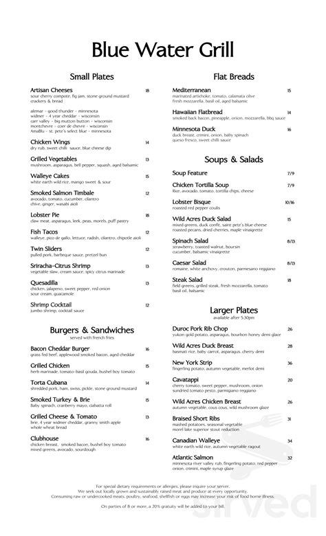 Blue Water Grill menu in Bloomington, Minnesota, USA