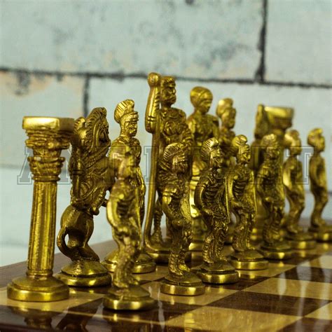 Rosewood Chess Board and Brass Roman Chess Pieces - Antikcart