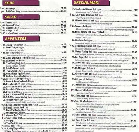 Menu at Sushi Kanata restaurant, Ottawa, 655 Kanata Avenue