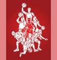 Group basketball players action cartoon graphic Vector Image