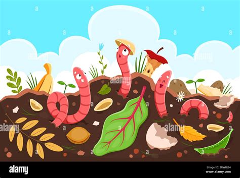 Funny cartoon earth worms in compost soil ground, vector background. Earthworm in farm garden ...