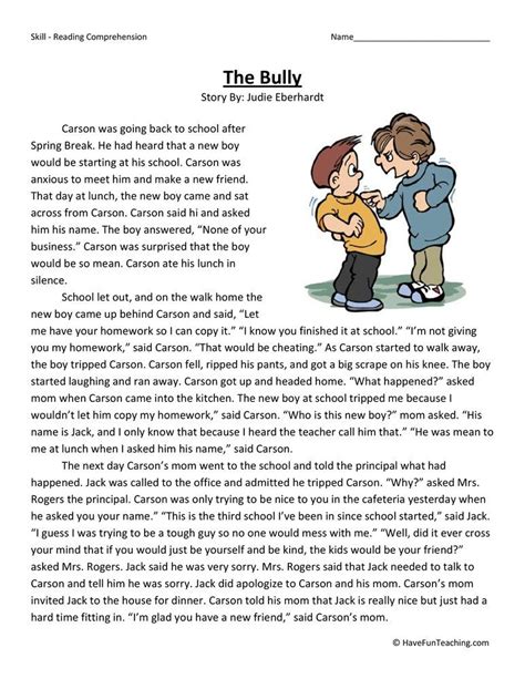 The Bully Reading Comprehension Worksheet | Have Fun Teaching | Reading ...