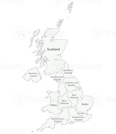 United Kingdom Regions map. Map of United Kingdom in administrative regions in white color ...