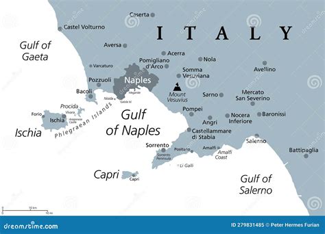 Gulf of Naples, Ischia, Capri and Mount Vesuvius, Italy, Gray Political ...