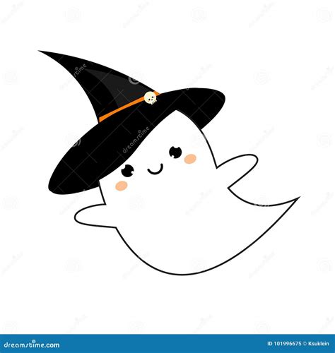 Cute Ghost in Kawaii Style in Halloween Hat. Vector Icon Stock Vector - Illustration of friendly ...