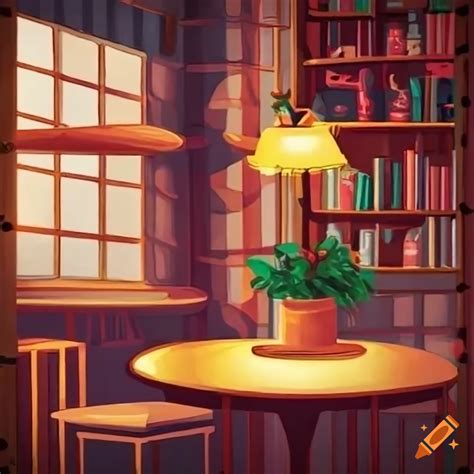 Illustration of a cozy coffee shop with a floral bookworm