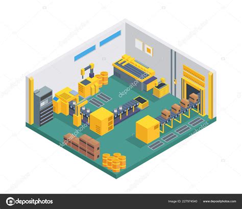 Modern Isometric Factory Manufacture Interior Conveyor Belt Machine Suitable Diagrams Stock ...