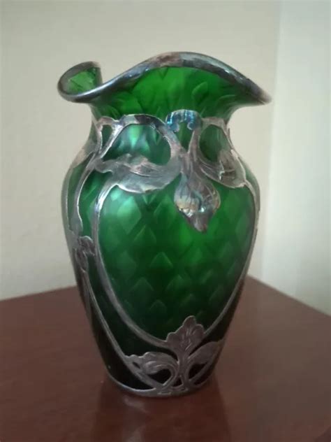 LOETZ GREEN ART Nouveau Art Glass Silver Overlay Vase $975.00 - PicClick