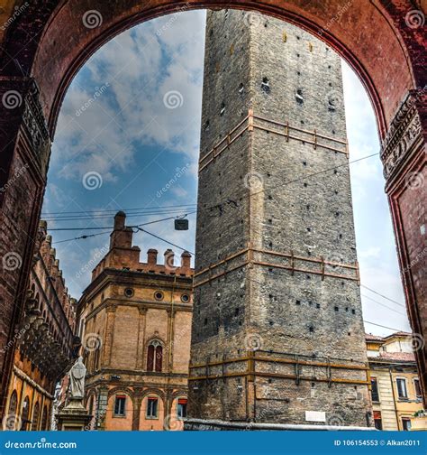 Lower Part of Garisenda Tower Seen through a Historic Arch Stock Image ...