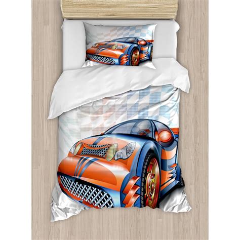 Cars Duvet Cover Set, Cartoon Style Speeding Racing Car Event Championship Racetrack Victory ...