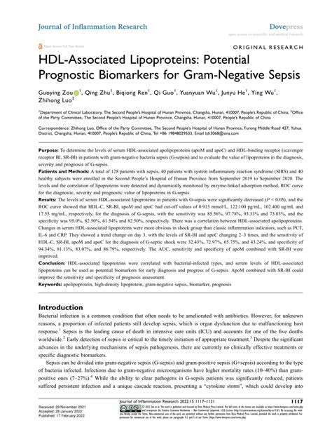 (PDF) HDL-Associated Lipoproteins: Potential Prognostic Biomarkers for Gram-Negative Sepsis