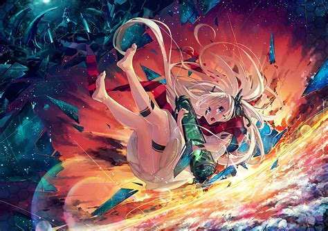 Free download | HD wallpaper: anime girl, falling down, sky, white hair, multi colored, art and ...