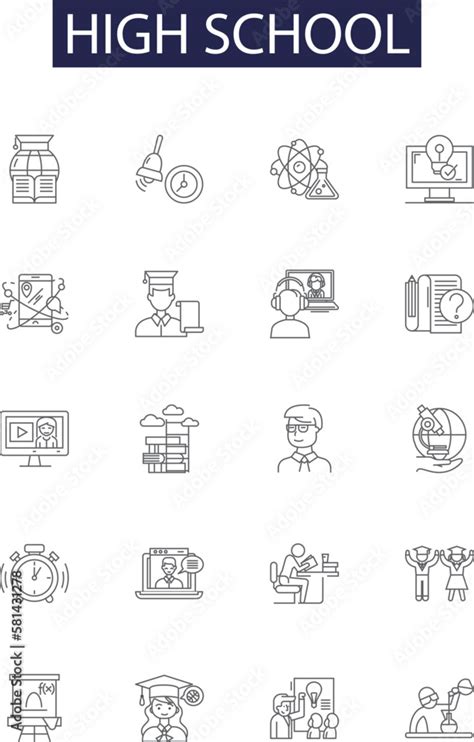 High school line vector icons and signs. Refectory, Learning, Books, Teachers, Scholars ...