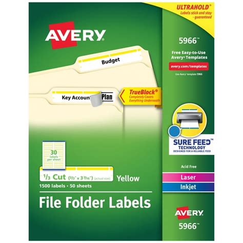 Avery TrueBlock File Folder Labels, 2/3" x 3-7/16", 1,500 Printable Labels, White/Yellow (5966 ...