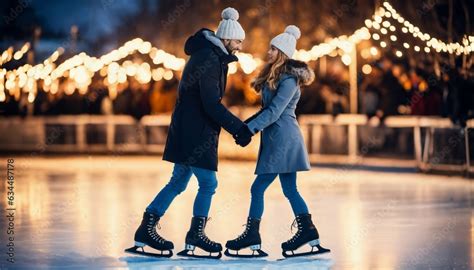 Romantic couple kissing while ice skating on winter night Stock Photo ...