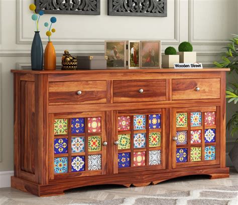 Buy Boho Sheesham Wood Storage Cabinet Sideboard With Three Drawers ...