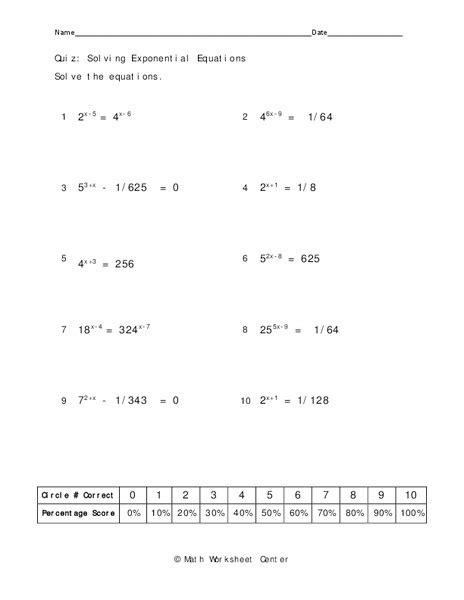 Solving Exponential Equations Worksheet for 9th Grade | Lesson Planet