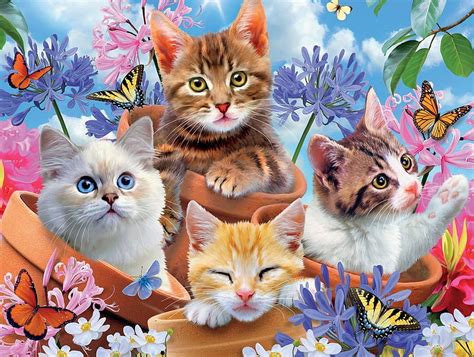 720P free download | Kittens, butterfly, flower, kitten, cat, pisici, animal, art, cute, vara ...