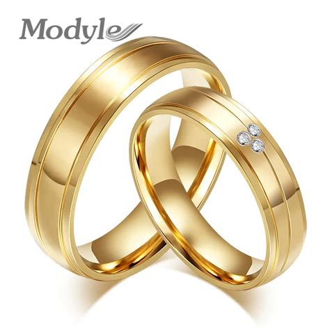 Modyle 2022 New Fashion Gold-color Couple Rings Cz Stainless Steel Engagement Ring For Women Men ...