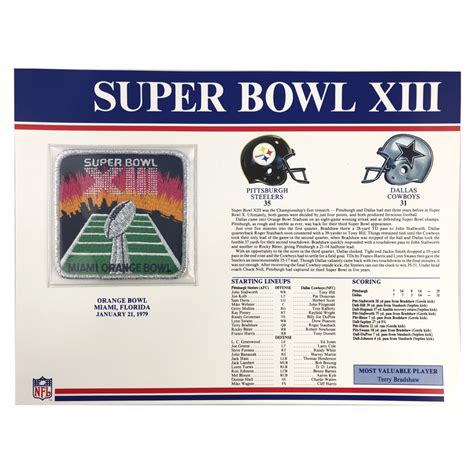 1979 NFL Super Bowl XIII Logo Willabee & Ward Patch Stat Card (Dallas ...