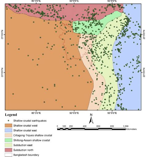 Regional shallow crustal seismicity zones with earthquake epicenters of... | Download Scientific ...