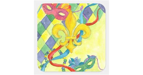 Mardi Gras Fleur De Lis Mask Yellow Watercolor Square Sticker | Zazzle