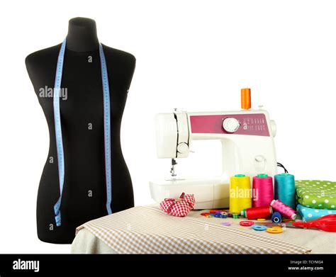 Sewing machine, dummy and other sewing equipment isolated on white ...