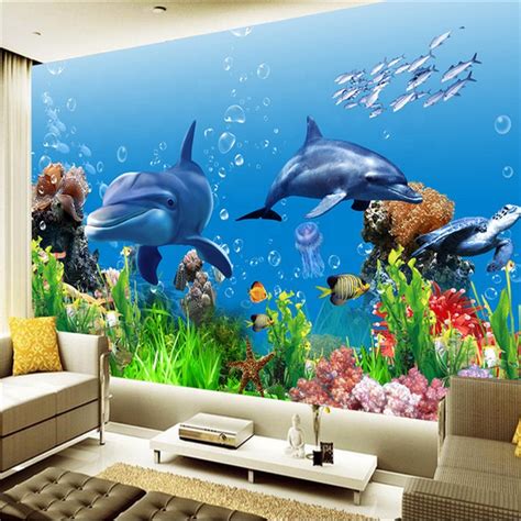 Custom 3d Mural Underwater World Marine Fish Swimming - Interior Design ...