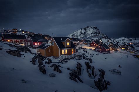 Greenland Night House Landscape Lights Town Snow Overcast Mountains Dark Winter Wallpaper ...