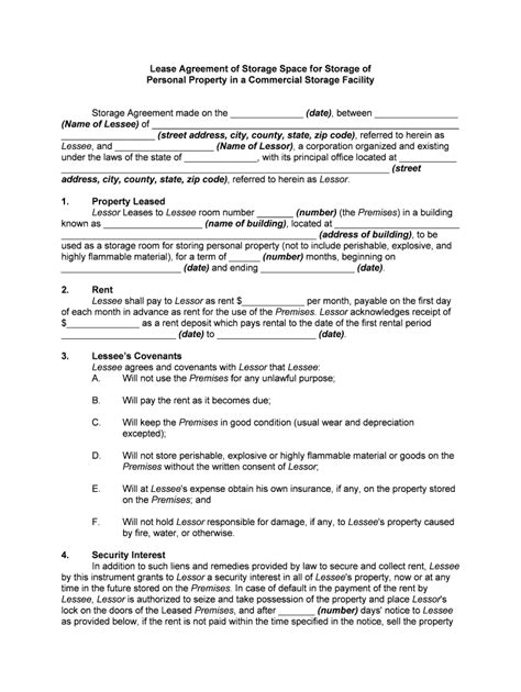 Storage Space Lease Agreement Template - Printable Form, Templates and ...