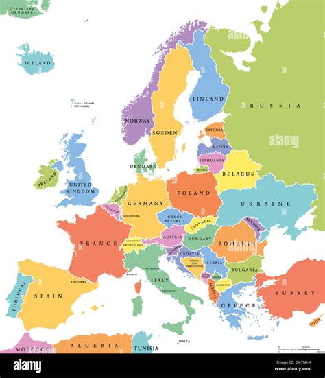 Europe single states political map. All countries in different colors, with national borders and ...
