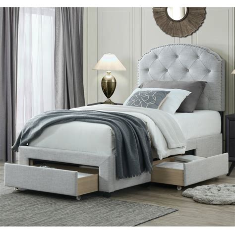 DG Casa Argo Tufted Upholstered Panel Bed Frame with Storage Drawers and Nailhead Trim Headboard ...